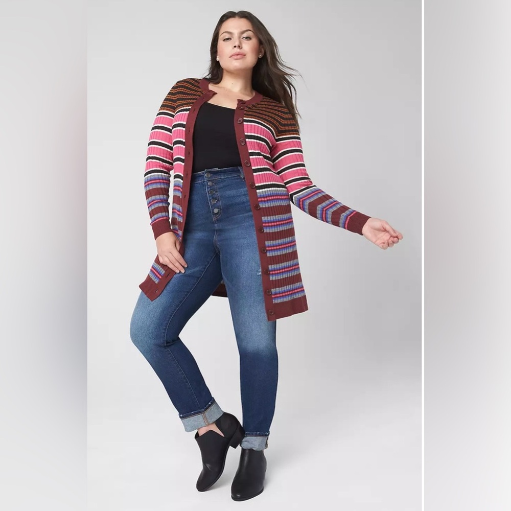 Lane Bryant Multicolor Fitted Button-Front Stripe Duster Cardigan